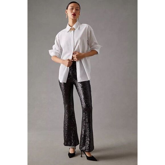 Anthropologie Joni Sequin Flare Pants Black Cocktail Party Sparkle US 4 NWT - Picture 1 of 11